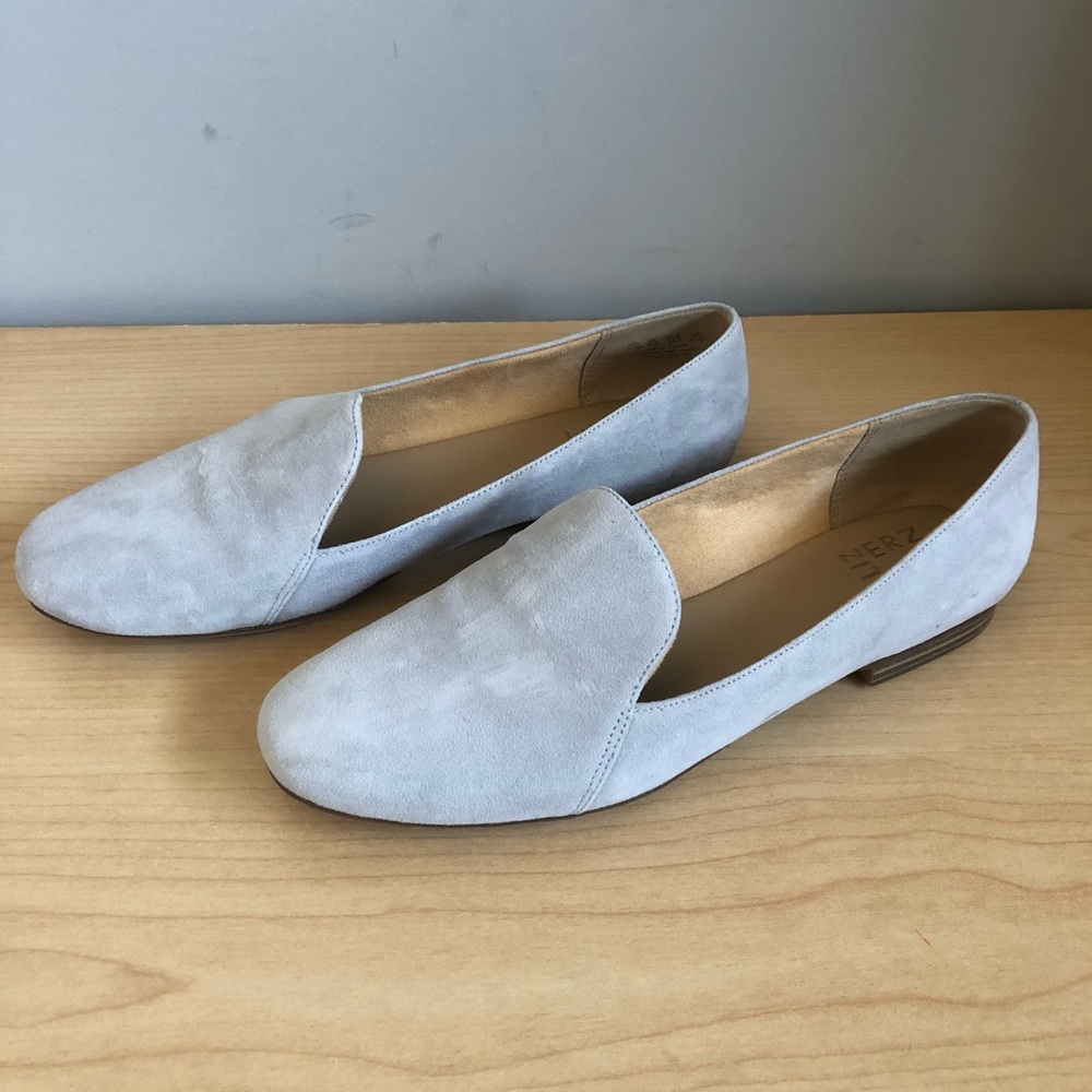 Grey suede Emiline loafers. NWT